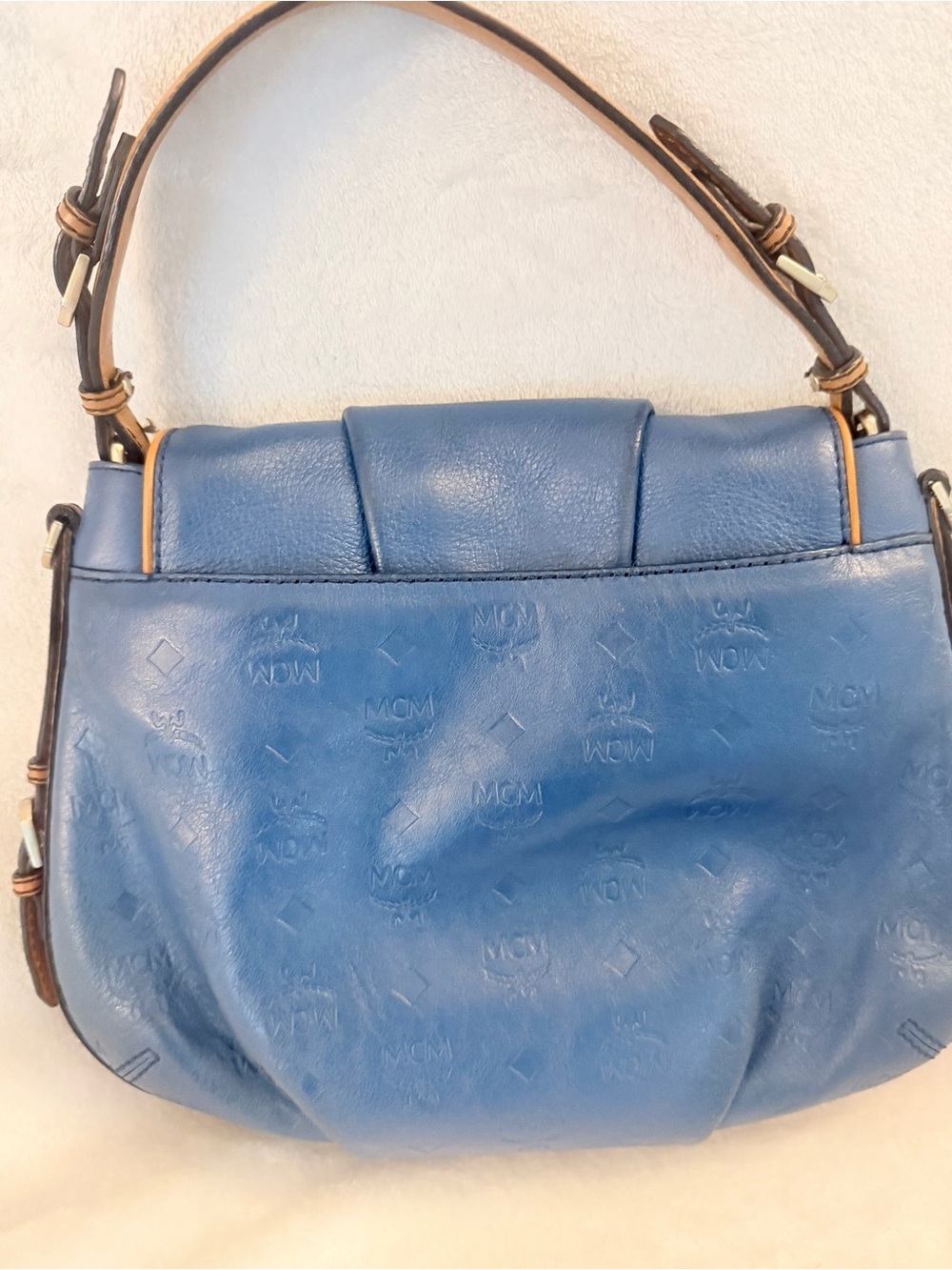 MCM Blue Leather Shoulder Bag with Tan strap - Picture 7 of 11